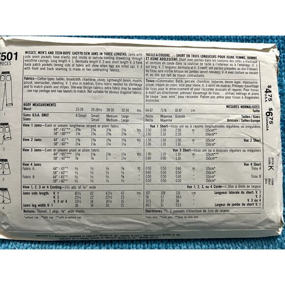 Simplicity 7501 Sewing pattern unisex shorts pants 1980s size medium - Picture 3 of 5